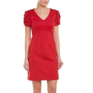 Trina Turk red v-neck appliqué dress statement sleeve petal